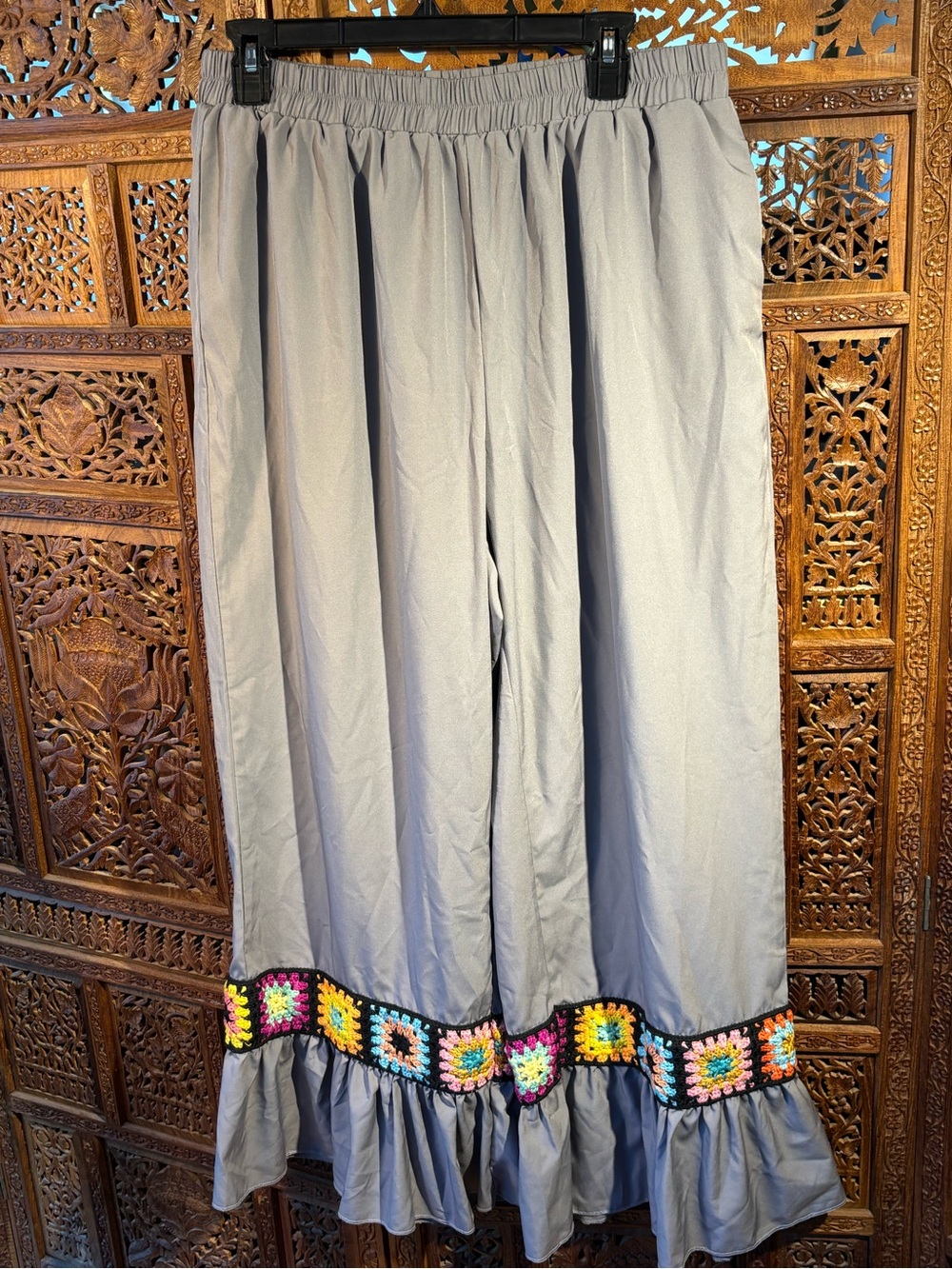 Gray Ruffle Hem Pants with Colorful Crochet Trim